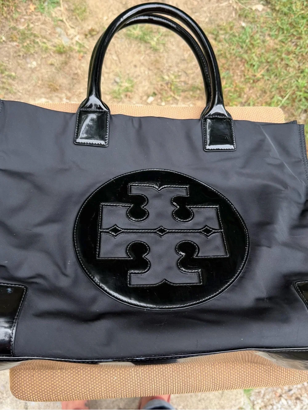Tory Burch Large Nylon expandable Black Patent Trim Logo Tote